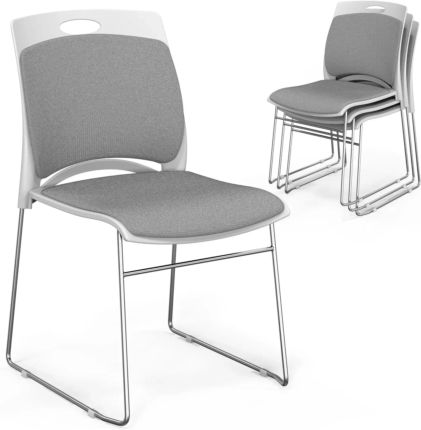 Stackable Chairs Set of 4, Stacking Office Chairs with Metal Sled Base, Ergonomic Plastic Padded Seat & Back, Capacity 350lbs, S