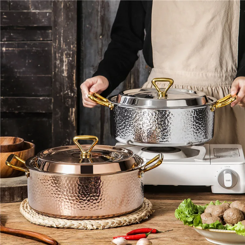 

Thick 304 Stainless Steel Hammer Patterned Deep Soup Pot Large Capacity Covered Hot Pot Induction Cooker Specific Milk Pot