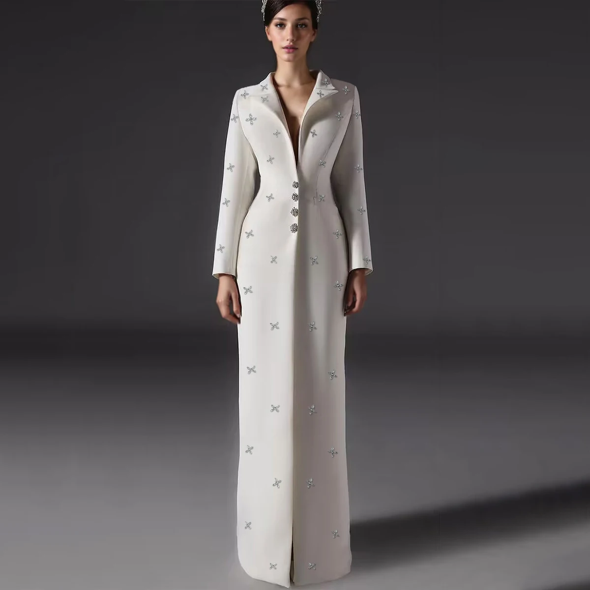 Women Long Blazer Dress Crystal Beading V Neck Jacket Prom Evening Guest Formal Wear Custom Made