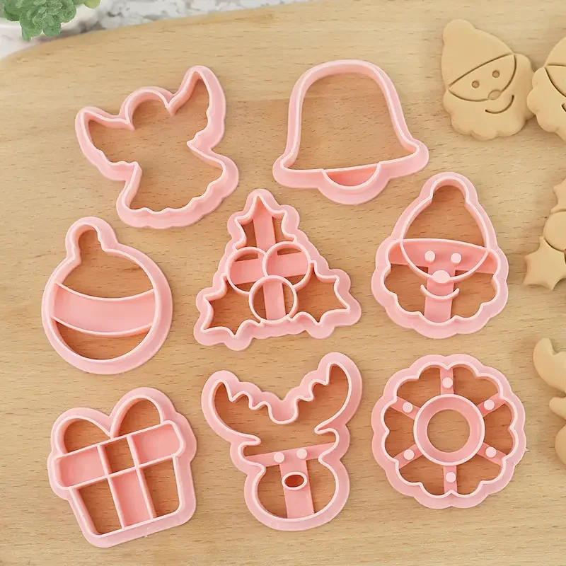 8Pcs Chocolate Christmas Cookie Cutter Santa Claus Elk Biscuit Mould Pressable Fondant Stamp New Year Cake Decor Baking Supplies