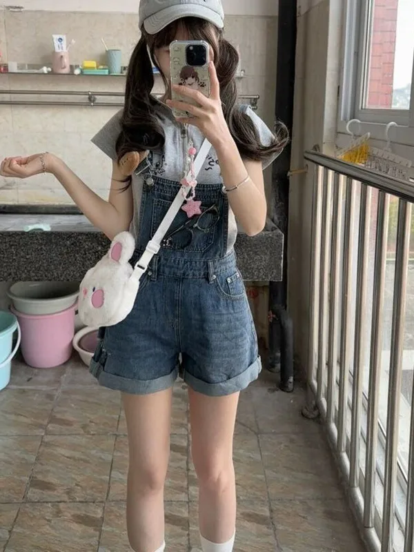 

Summer Thin Denim Overalls Women's Loose Cute Student Age-Defng Small Size Slim Straight Strap orts Casual High Waist
