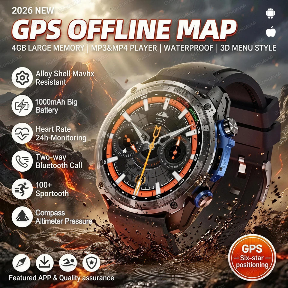 2026 New Men Outdoor GPS Offline Map Smart Watch with 4G RAM MP3 MP4 Play Clock 10ATM Waterproof Swim Compass 1000mAh Smartwatch