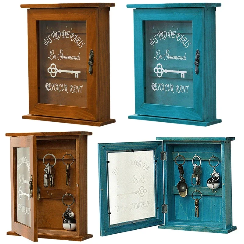 Boîte de rangement de clés en bois Vintage, à accrocher au mur, armoire de garde-robe bleu marron, porte-clé avec crochet, décoration murale