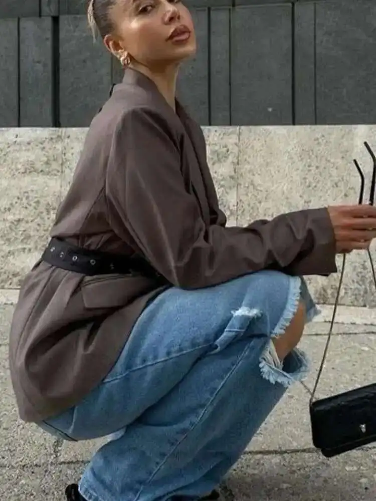 سترة كاجوال بحزام مقسم للتخسيس من KWTX للنساء بياقة مدببة وأكمام طويلة وزر مرقع سترات أنيقة للسيدات جديد 2025