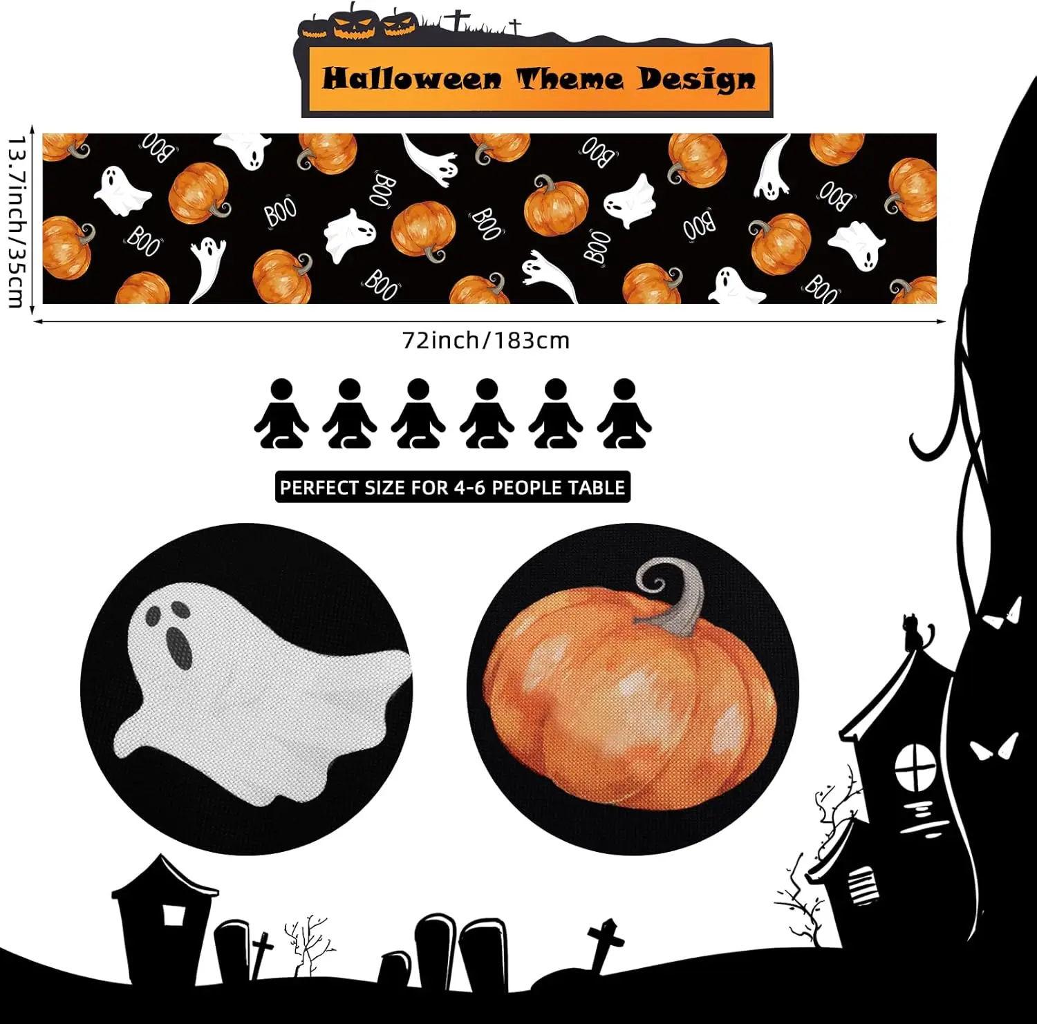 Halloween Ghost Boo Pumpkins Black Linen Table Runner Autumn Dresser Scarf for Kitchen Table Decor Washable Halloween Decoration