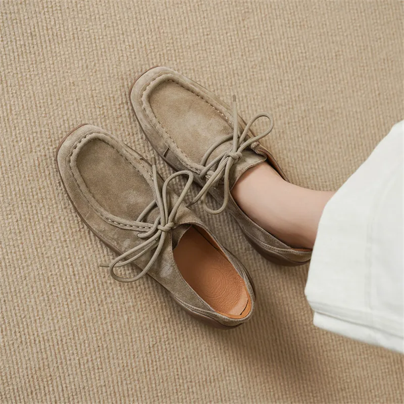 2026 New Spring Autumn Sheep Suede Women Shoes Fashion Square Toe Shoes for Women Low Heel Lace-up Women Pumps Handmade Shoes