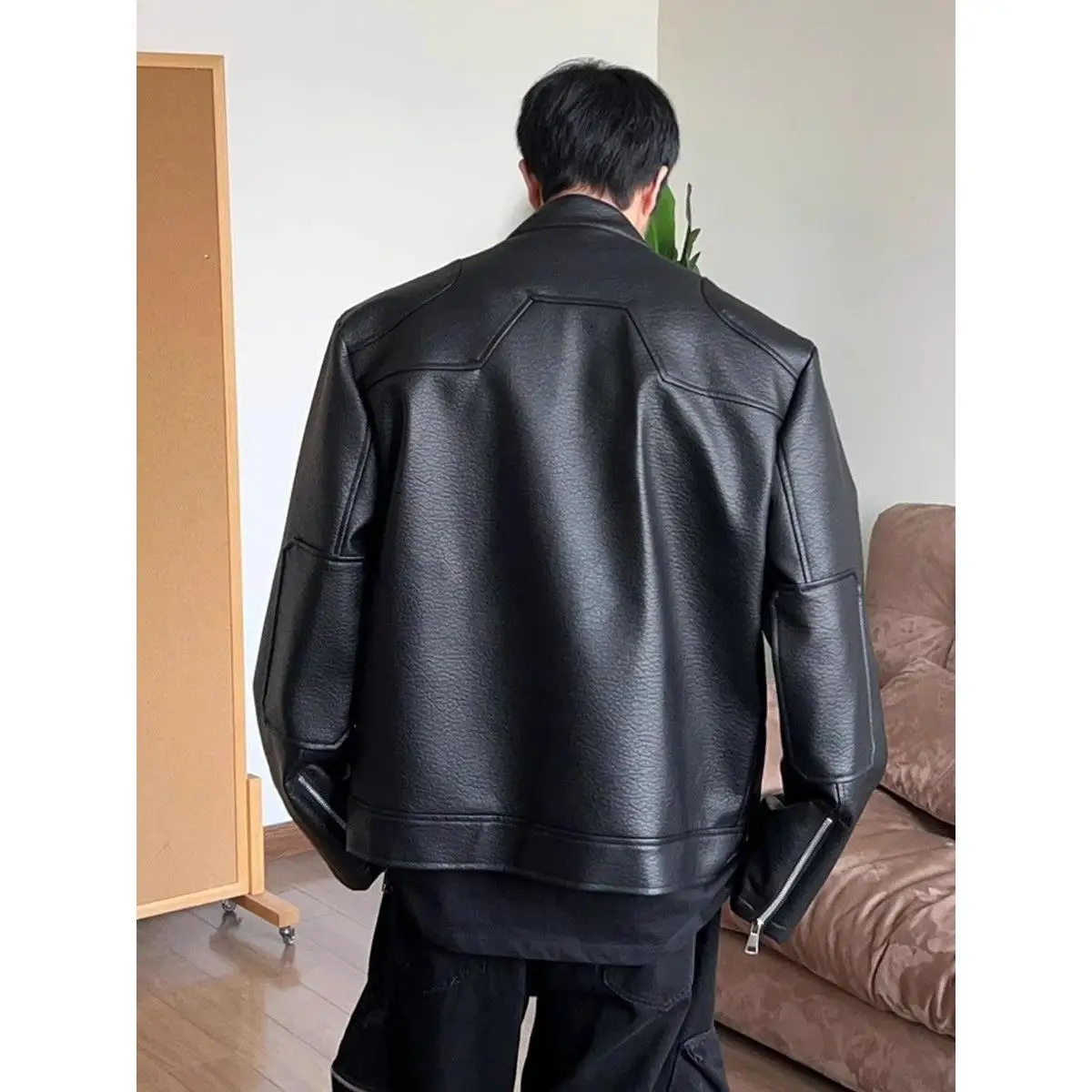 

Retro American Sle Loose Fit Motorcycle PU Leather Jaet Men's Casual Design Cool Stand Collar Biker Coat for Spring