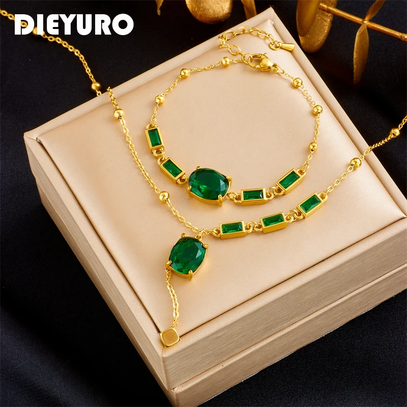 DIEYURO 316L Stainless Steel Green Zircon Crystal Charm Necklace Bracelets For Women Girl Fashion Jewelry Set Lady Holiday Gift