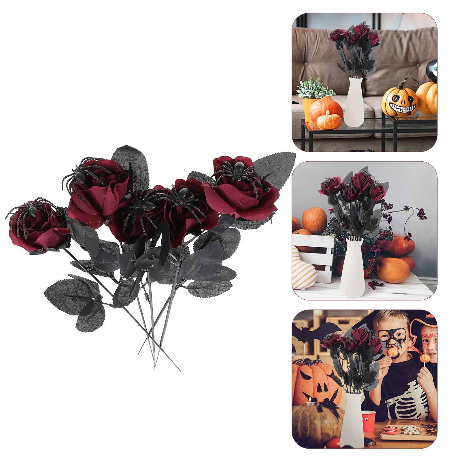 

5pcs Spider Fake Flowers Halloween Party Decor Creepy Artificial Adornment Halloween Prop Decoration Spider Rose Decor Horrific