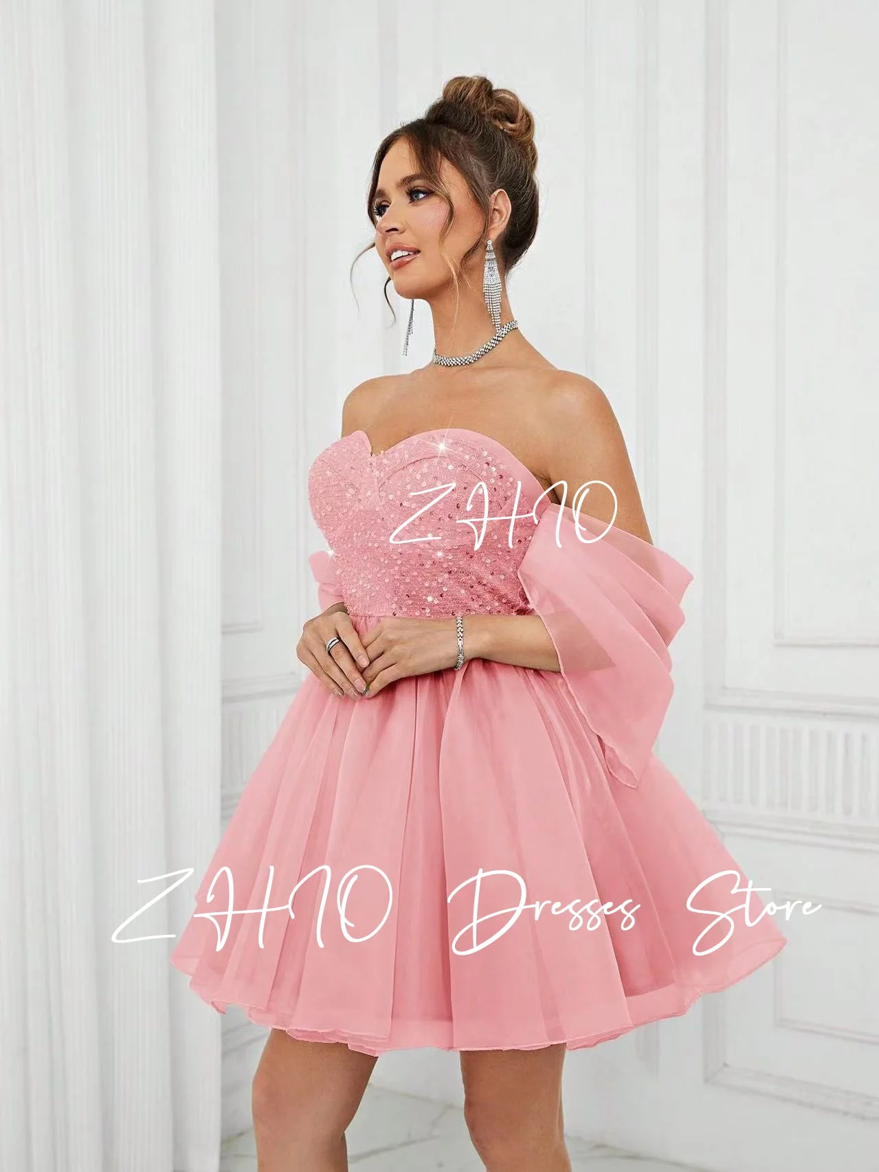ZHIO princesa lentejuelas Rosa Mini vestido de fiesta de boda fuera del hombro drapeado Organza corto ocasión especial vestido de graduación personalizado