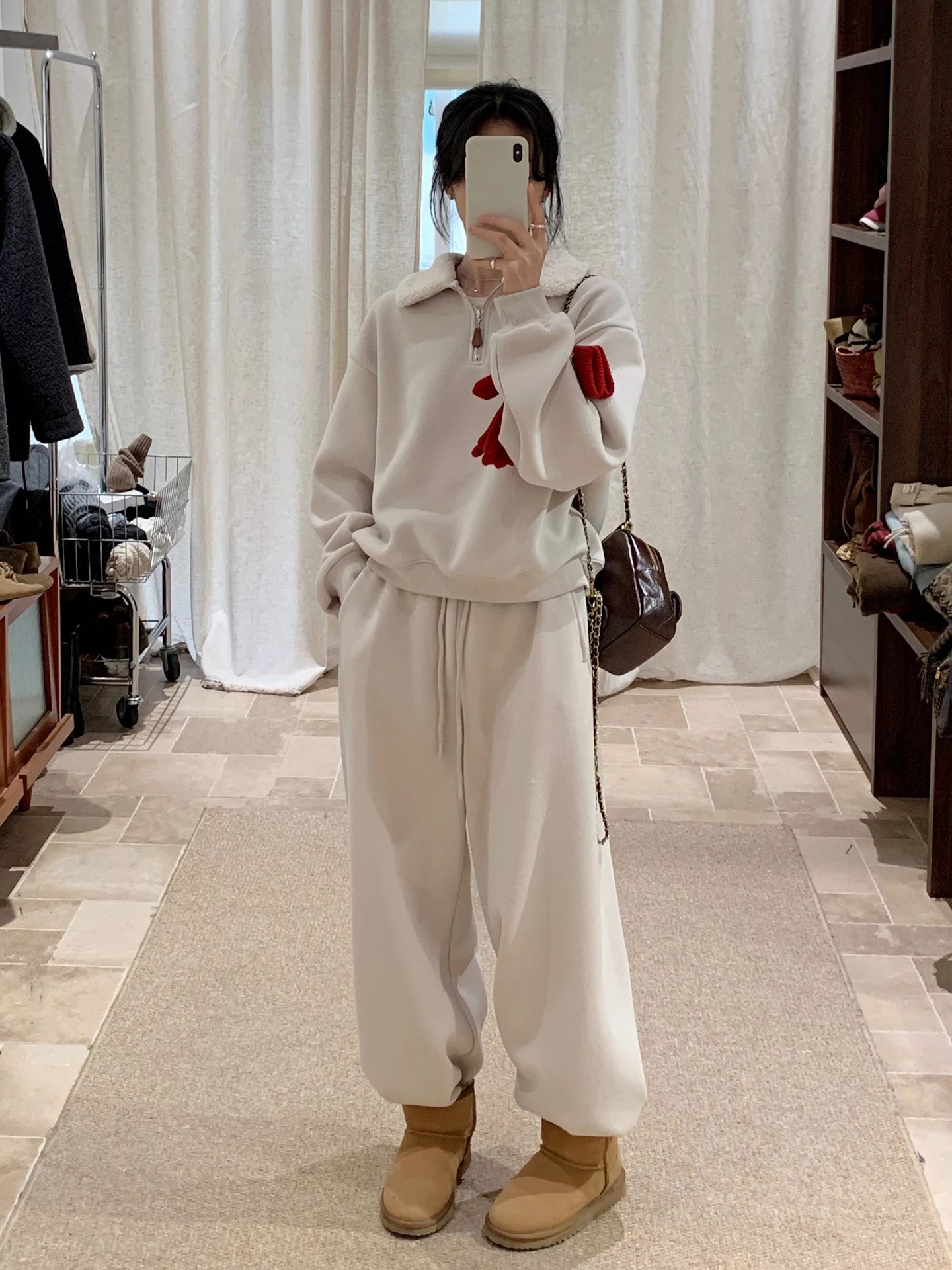 

Корейский повседневный комплект из худи на флисе и брюк с высокой талией и широкими штанинами для женщин, осенне-зимний модный образ