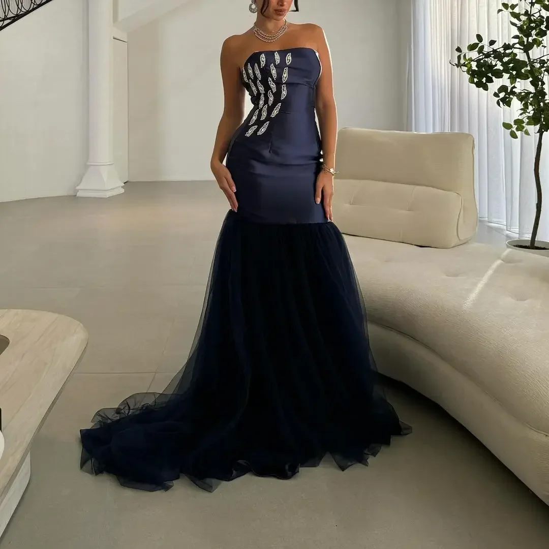 Customized Prom Dresses  Saudi Arabia Mermaid Sleeveless  Pleated Beadings Strapless Floor Length Formal High quality Retro