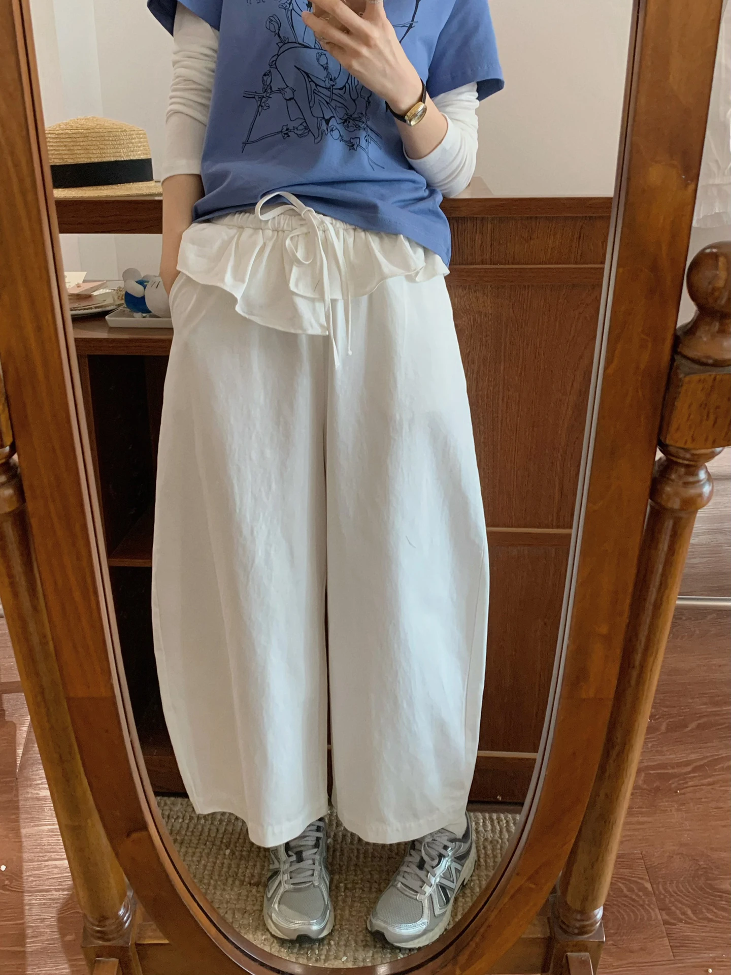 

Корейские повседневные брюки с кружевной отделкой и завязками, свободные, прямого кроя, женские, с высокой талией, из полиэстера, весна 2026, утягивающие брюки