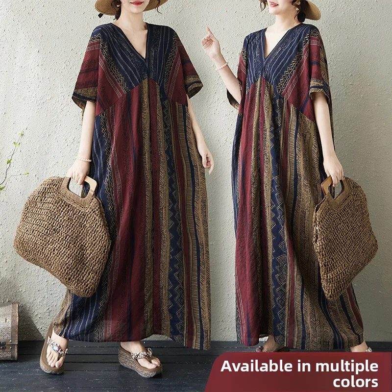 

Loose Fit Slimming Cotton Linen Print Summer Dress V-Neck Short Sleeve Women's City Walk Artistic Style Long Dress