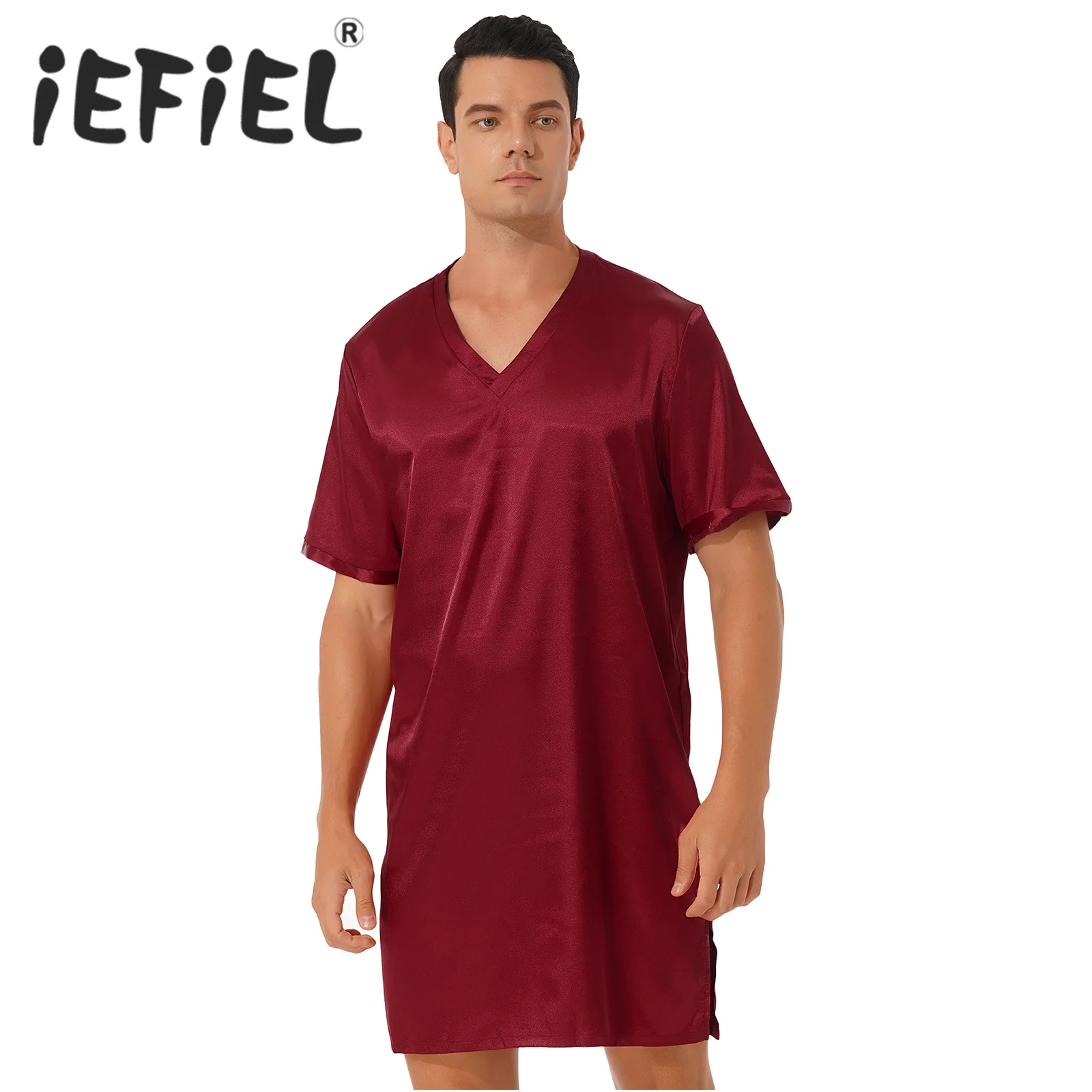 

Mens Sleepwear Tops Pajamas Nightgown Silk Satin V Neck Short Sleeve Bathrobe Night Shirts Homewear Sides Split Nightwear Dress