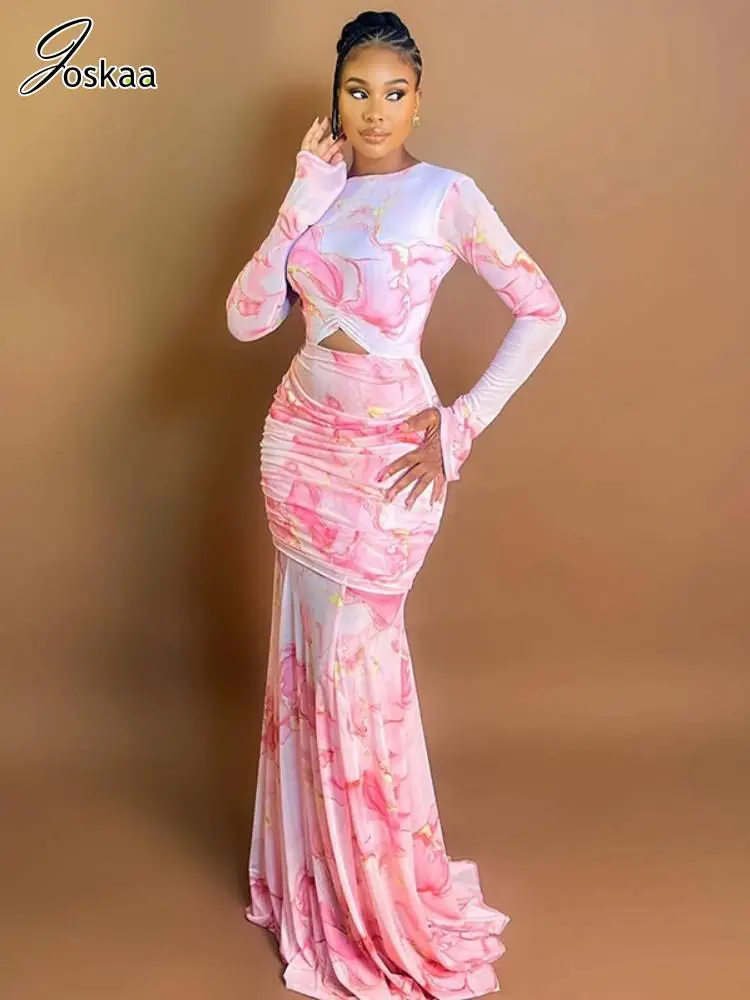 

Joskaa 2025 Women's Floral Print Mesh Patchwork Bodycon Maxi Dress Sexy Hollow Ruffle O-Neck Long Sleeve Skinny Vestido Clubwear