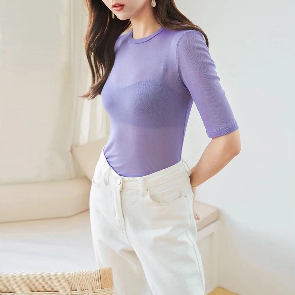 

Transparent Mesh T Shirt Women Y2K Summer Black White Coffee Purple Colors Shirts Short Sleeve O Neck Thin Female Blouses Top