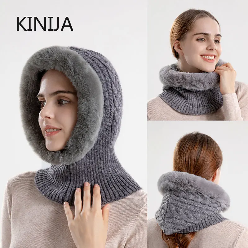 Winter Warm Hat for Women Russia Outdoor Plush Twist Knitted Benines Female Soft Fur Head Hood Neck Ear Protection Balaclava cap