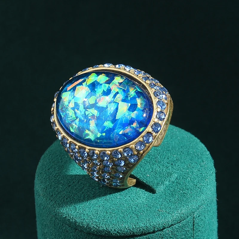 

Vintage Opal Ring Real Light Blue Rhinestone Woman Luxury Quality Jewelry Trends 2025 Valentine Day Gift Party Accessories