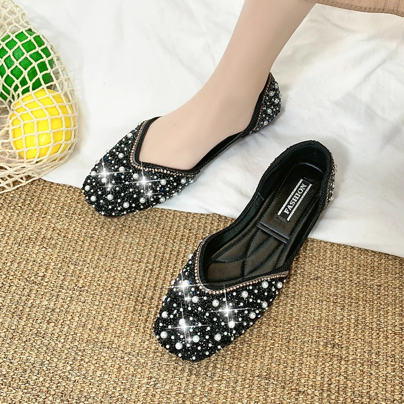 Glitter crystal pearl studs ballet shoes women square toe slip on loafers cozy shallow cut-out ballerina flats moccasins female