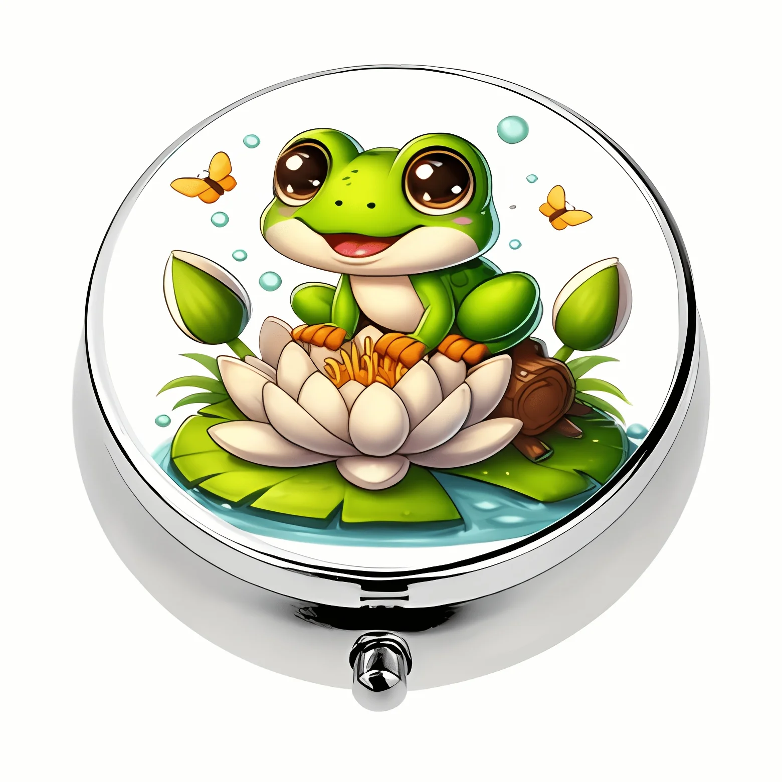 1pc round portable metal pill box, printed with cute frog and lotus patterns, mini vitamin storage box, fun portable case, a unique gift suitable for wallets or travel