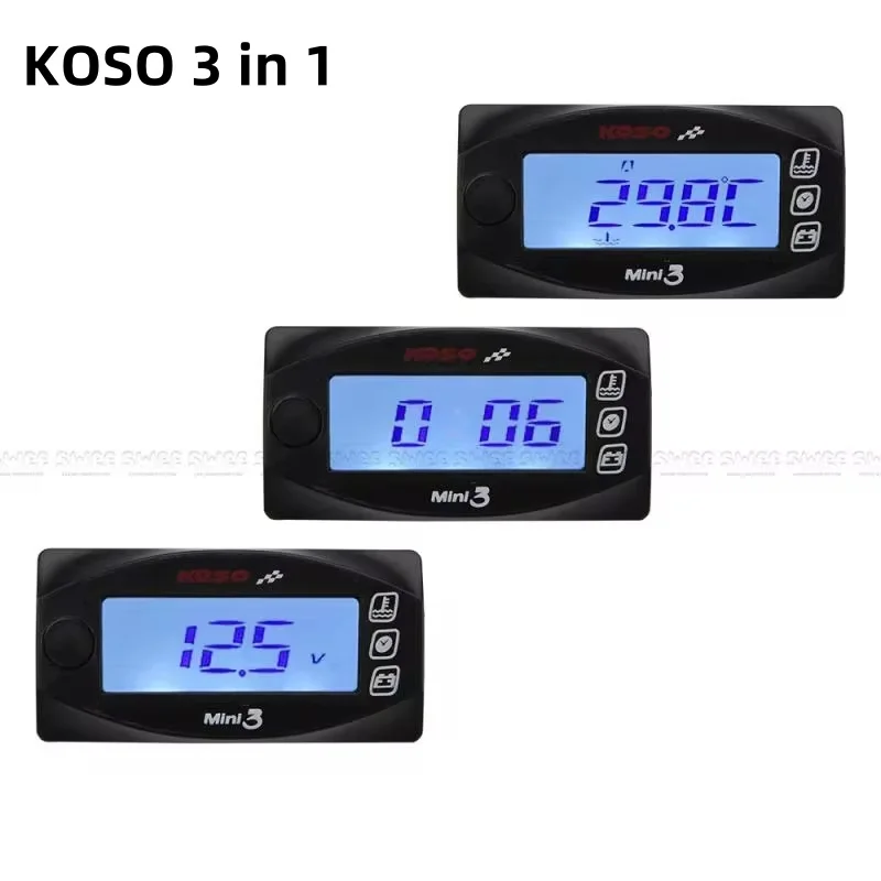 KOSO 3 in1 strumento misuratore di temperatura dell'acqua voltmetro misuratore di tempo Display adatto per la modifica degli accessori del motociclo