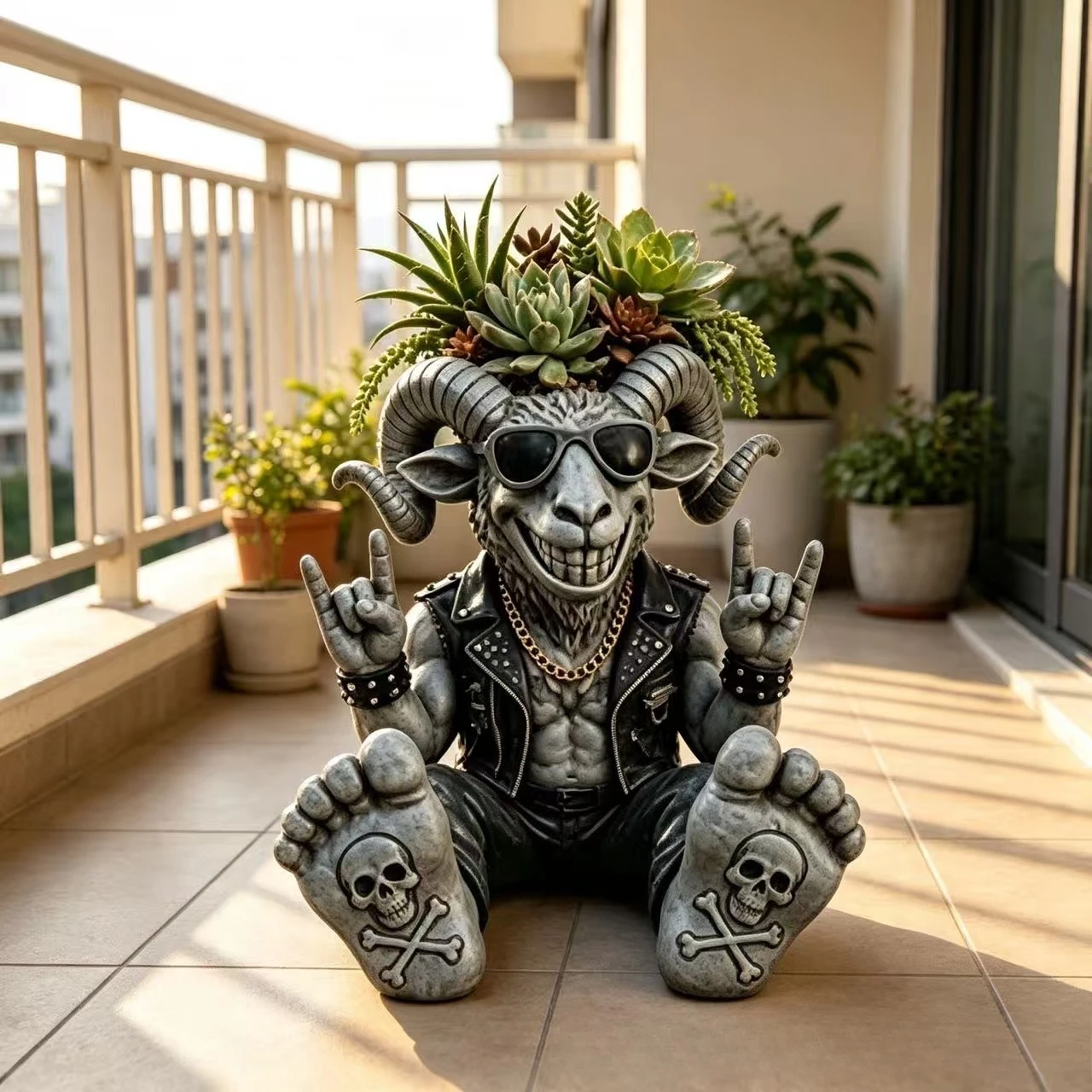 Cool Ram Resin Succulent Planter Rock Style Flower Vase Creative Skull Figurine for Living Room Garden Home Decoration
