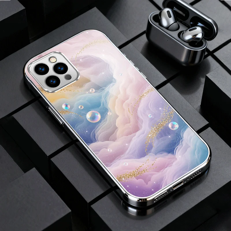 The new rainbow gold cloud pattern electroplated glass phone case is suitable for iPhone 17/16/15/14/13/12/11, etc.