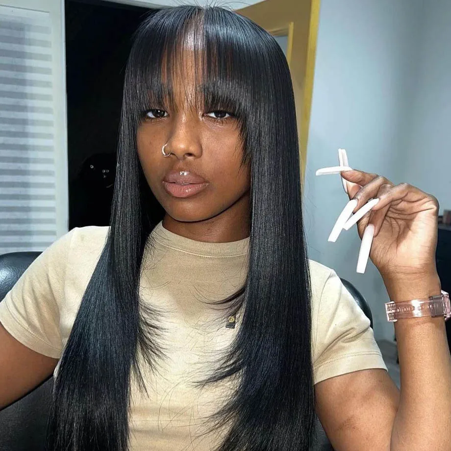 Straight 34 Inch Long Fringe Hair Wig Straight Cheap Full Machine Made With Bangs Human Hair Wigs For Women Choice Brazilian