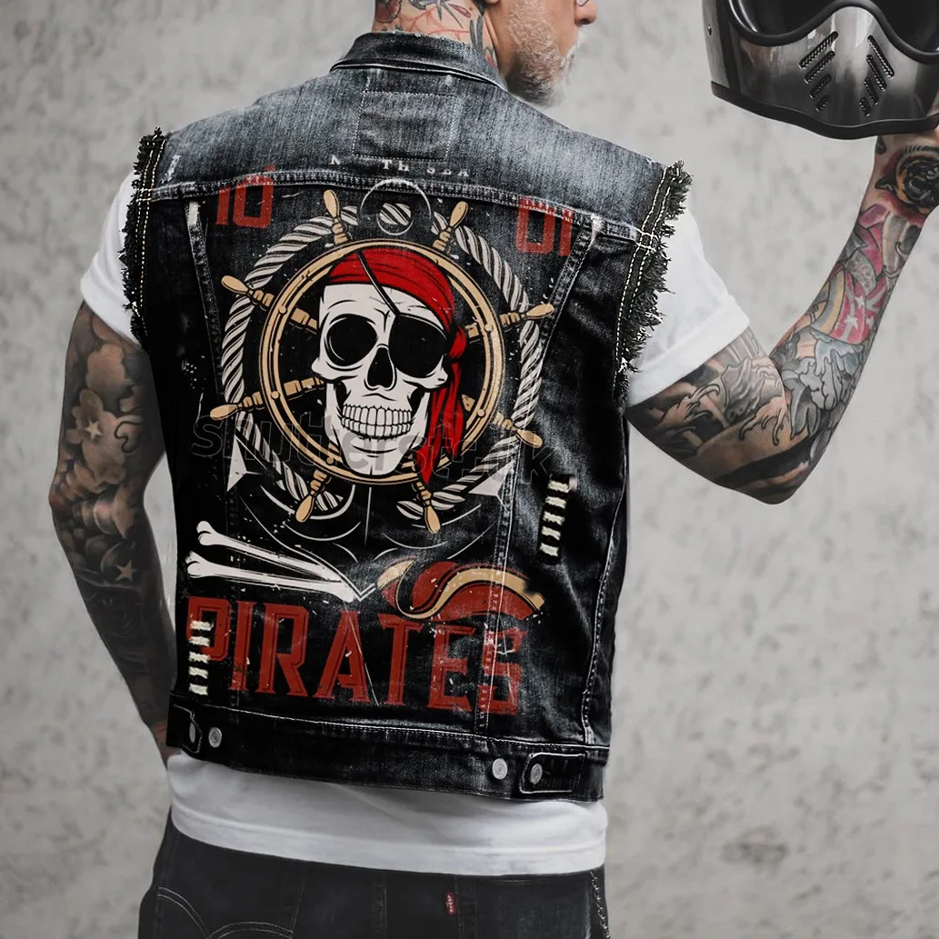 Mens Skull Print moto Biker Denim gilet Vintage Cowboy gilet Punk Rock Hole Casual senza maniche Jean Jacket Coat Helmet