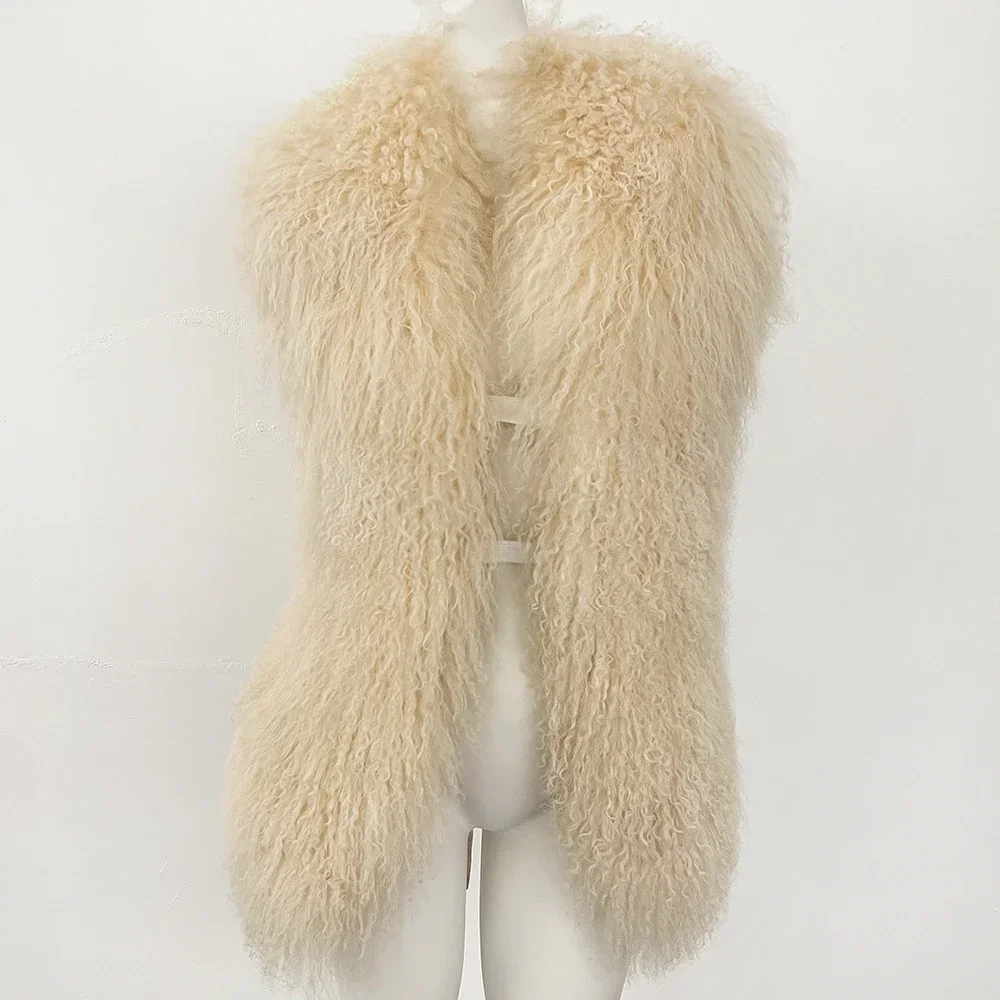 

Women New Real Mongolian Fur Coat Sleeveless Luxury Fur Fluffy Shawl Vests Outerwear Cloak Style Chic Female Reality Fur Jackets