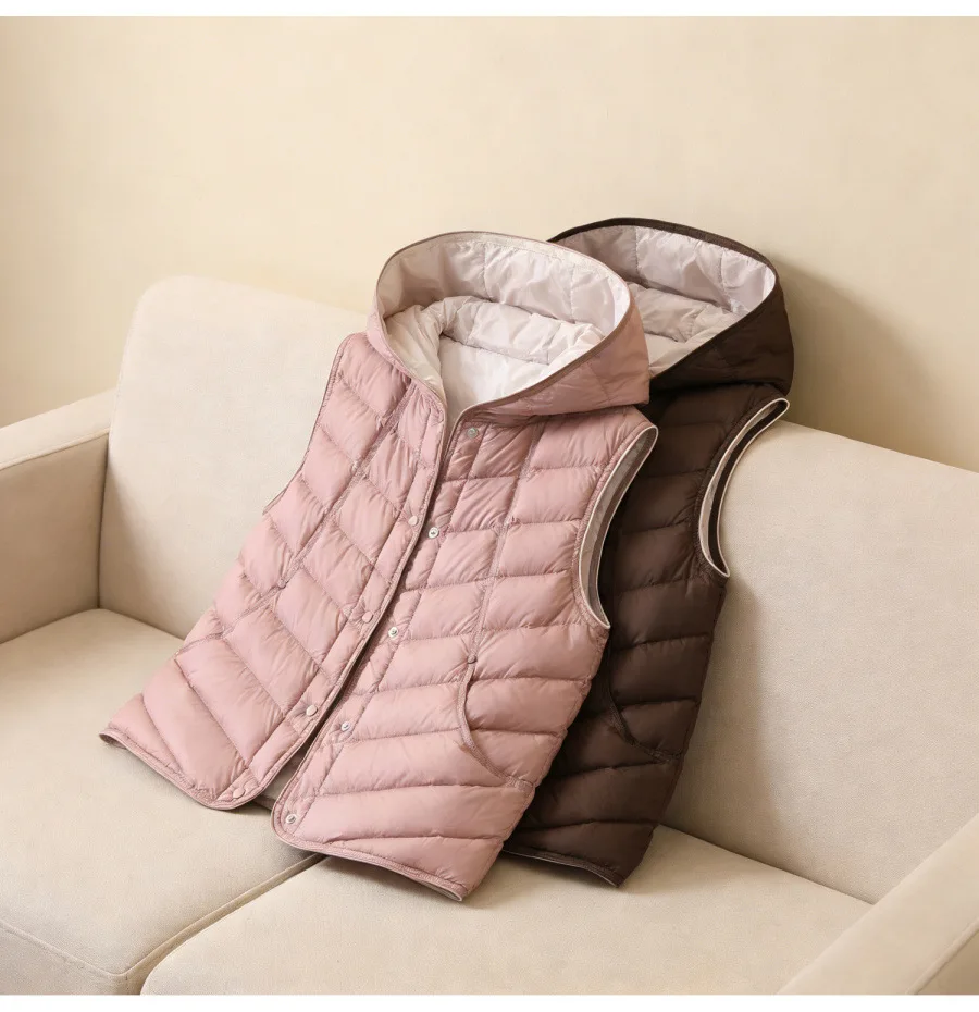 

90% White Duck Down Winterproof Vest 2026 Fashion Hooded Short Sleeveless Vest Lightweight Twill Women Ultra Light Down Vest