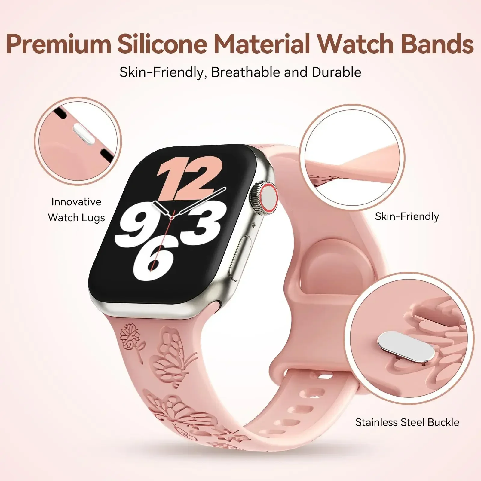 Pulseira de Silicone, iWatch Series 9, 7, SE, 6, 8, Ultra 2, 40mm, 44mm, 41mm, 49mm, Pulseira Floral Gravada para Apple Watch, 45 milímetros, 38 milímetros, 42 milímetros