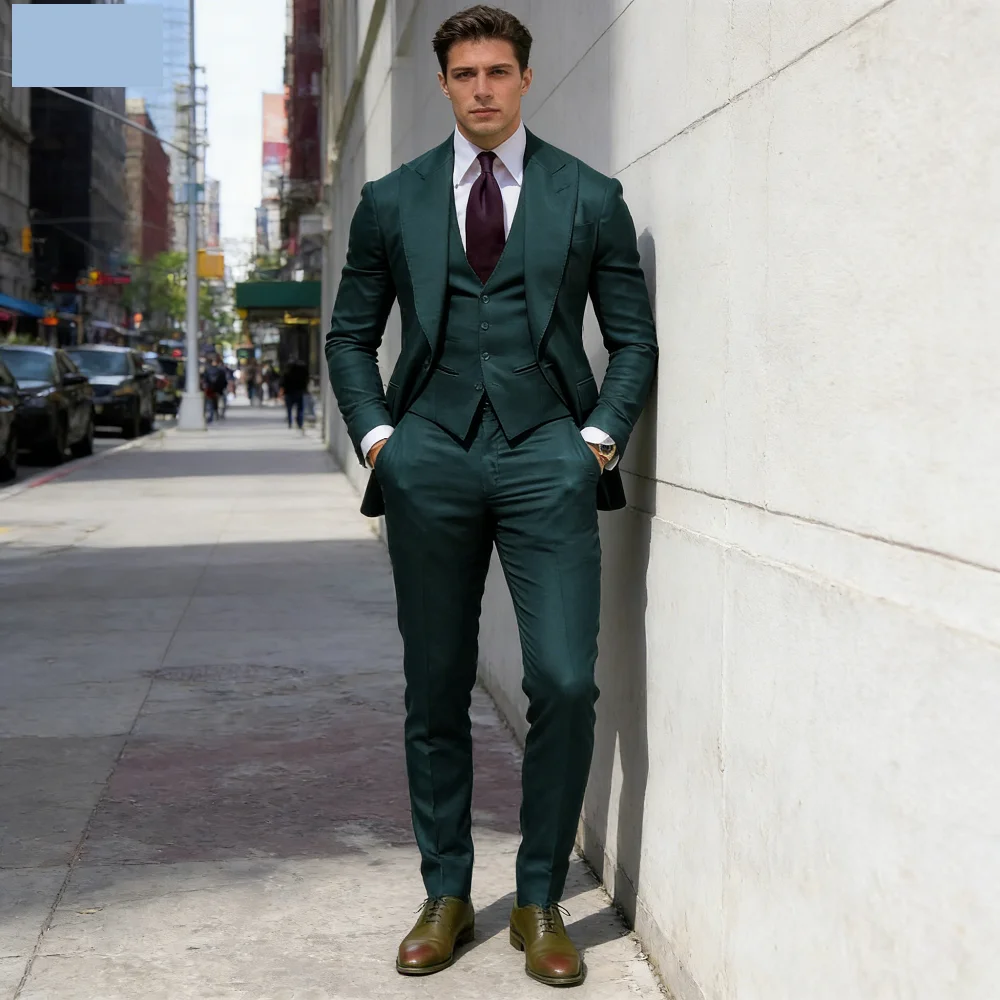 

3PCS Men's Formal Tuxedo Set with Peaked Lapel Blazer Vest Pants - Fashion Business Suits for Party Wedding Groom