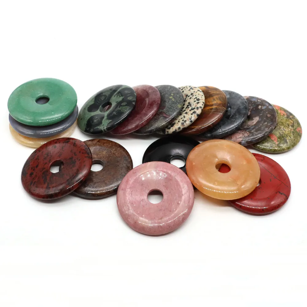 50mm Circle Donut Healing Crystal Big Hole Stones Natural Chakra Gemstone Amulet Lucky Coin Donuts Charm Protection Quartz Agate