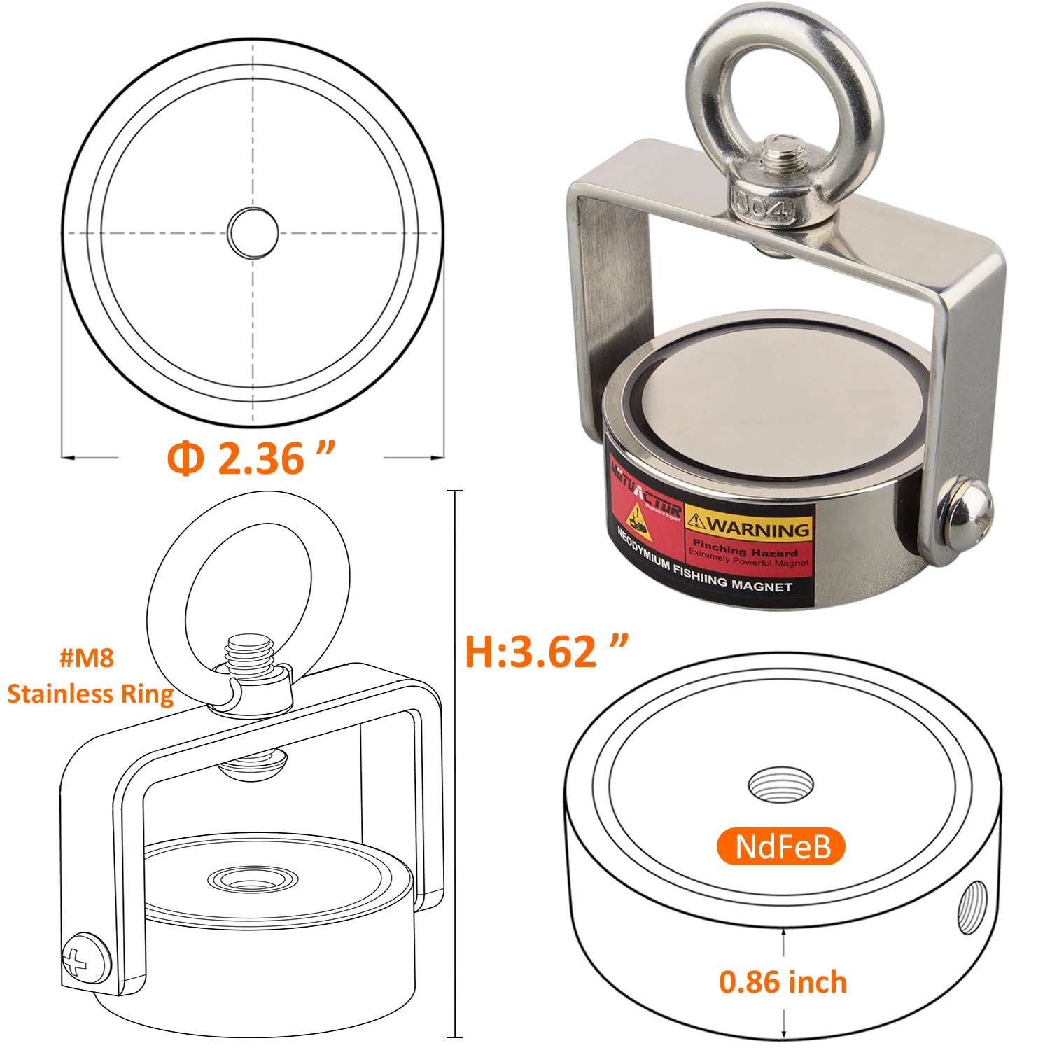 300BLS/400LBS  Strong Magnetic Rotatable Pot Magnet Two Side  Fishing Salvage N52 D60mm Searching Treasure Sea River Lake