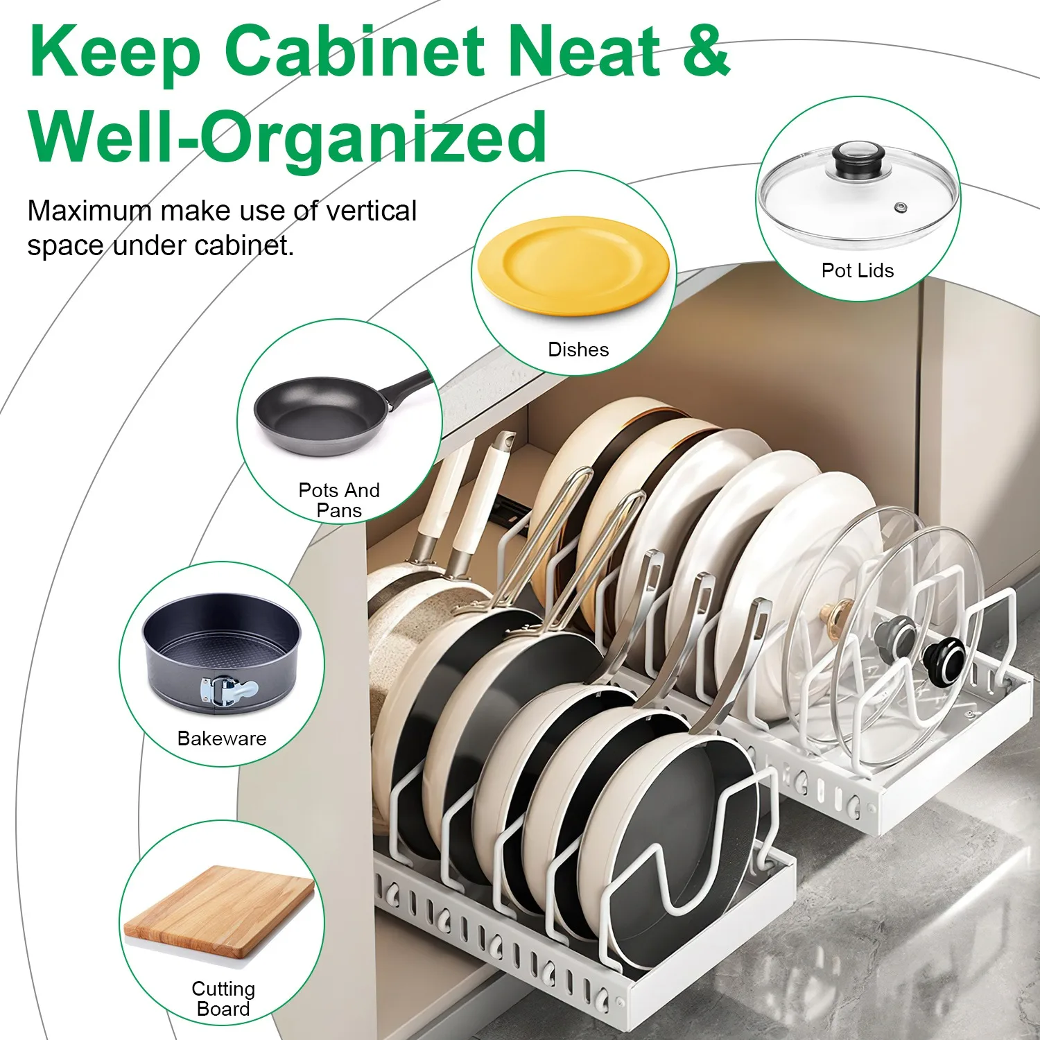 Adjustable Carbon Steel Sliding Cookware Storage Rack, Anti-Rust Pull Out Pan Lid Holder for Cutting Boards Baking Sheets Bakeware-white