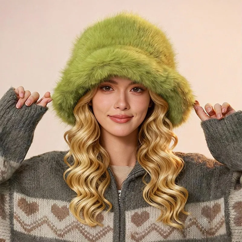 A new style of women's autumn and winter furry fisherman's hat thickened fur long hair basin