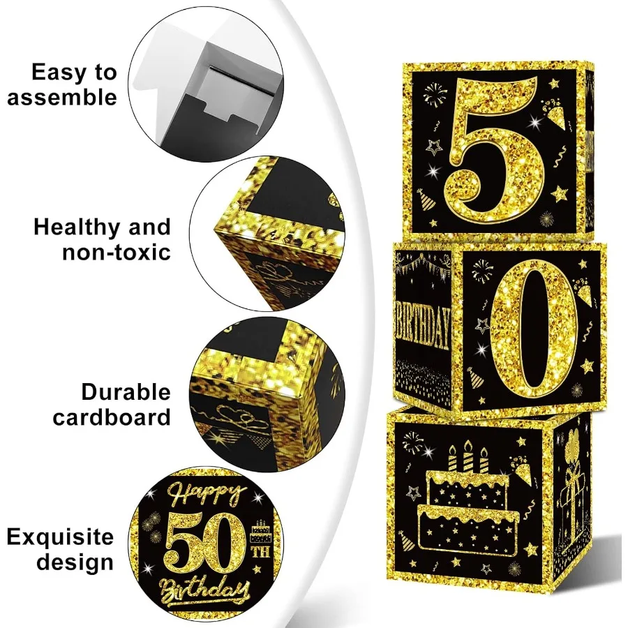 3 pçs 50th aniversário decorações caixas para homens mulheres preto ouro feliz 50 aniversário balões caixas fontes de festa 50 anos de idade bday