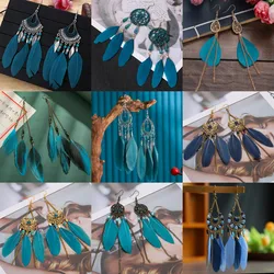 Peacock Blue Long Feather Earrings for Women Ethnic Fashion Beach Dangle Earrings Femme Party Vacation Boho Jewelry