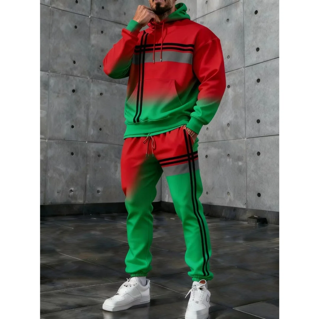 

Fashion Simple Stripe Print Men's Hoodies Sets Autumn Winter Casual Sweatshirt Pants Two Piece High Quality Gym Sports Clothing