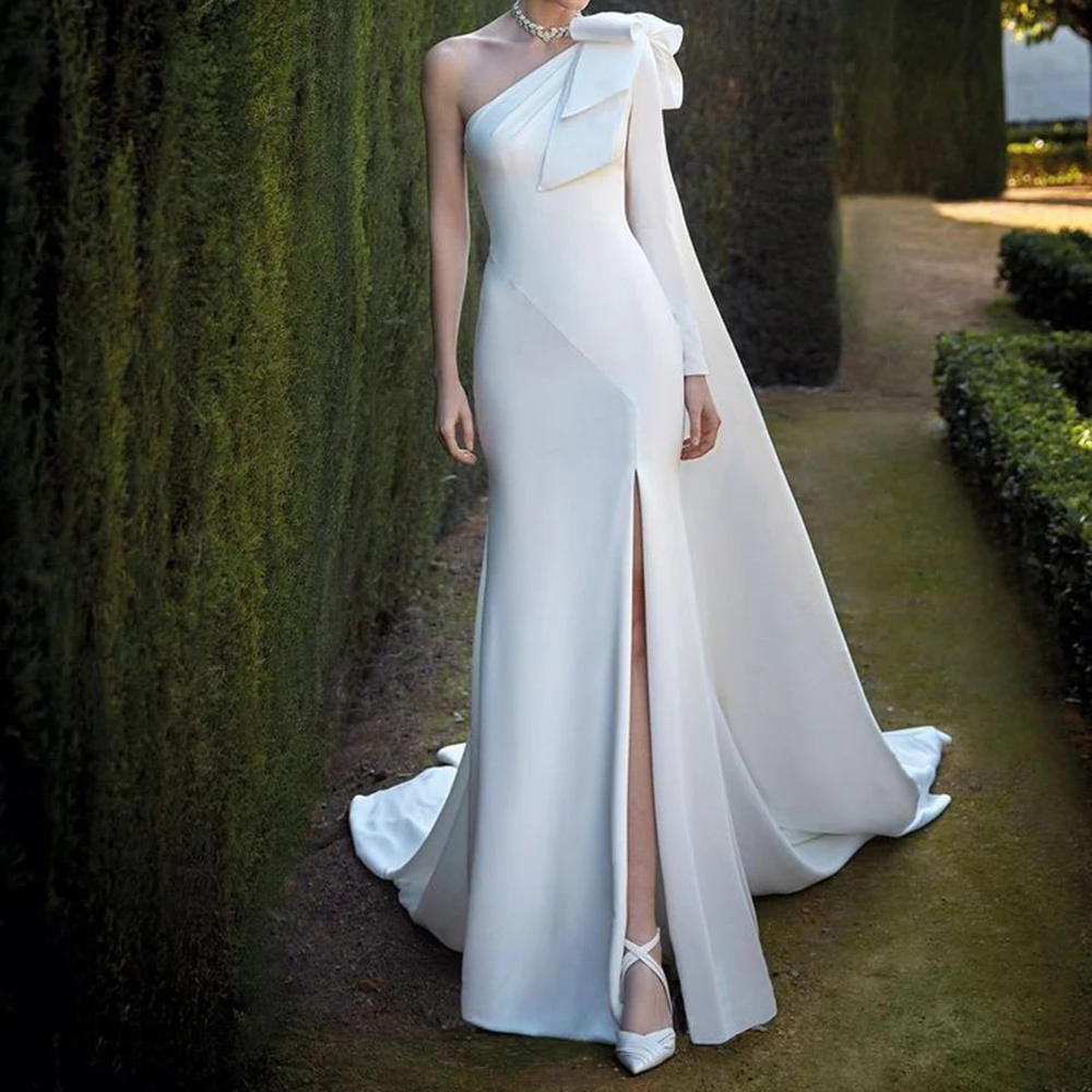 

Luxury White Women's Prom Dress One Shoulder Long Sleeve Long Mermaid Slit Evening Dress Floor Length Evening Party Dress