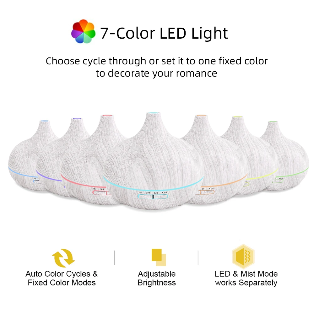 New 550ml Wood Grain Essential Oil Diffuser  Ultrasonic Aromatherapy Humidifier with Remote Control, 6 Bottles of Essential Oils