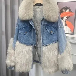 Fashionable European Style Thick Fur Collar Winter New Women's Denim Jacket with Patchwork Fur Parkas