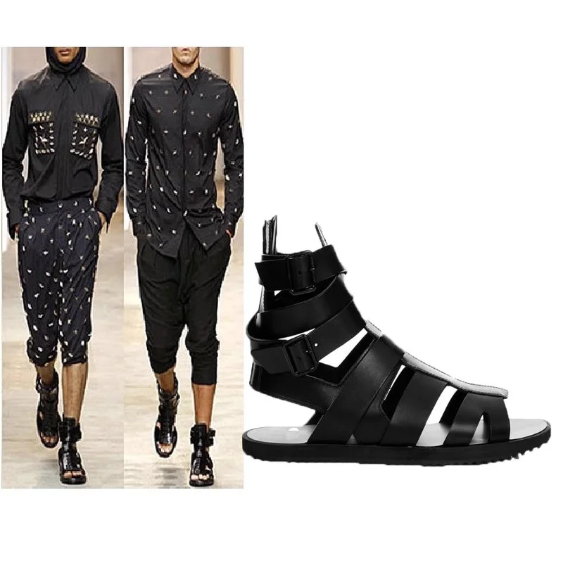 

Summer New Black Leather Roman Men's Sandals Exposed Toes High Top Personalized Buckle Cool Boots Breathable and Trendy Shoes