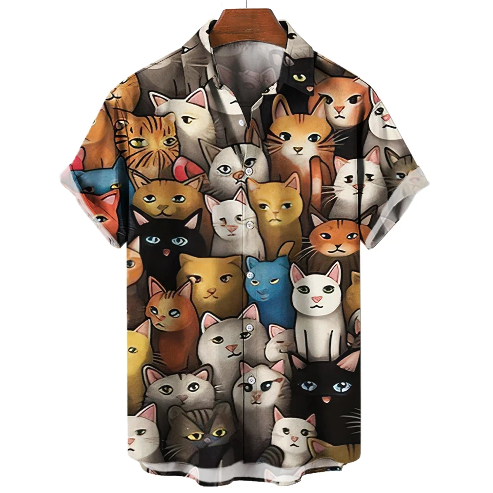 Animal Shirt For Men Cat Print Summer Casual Short Sleeve Hawaiian Men's Shirt Fashion Beach Travel Male Oversized Clothing