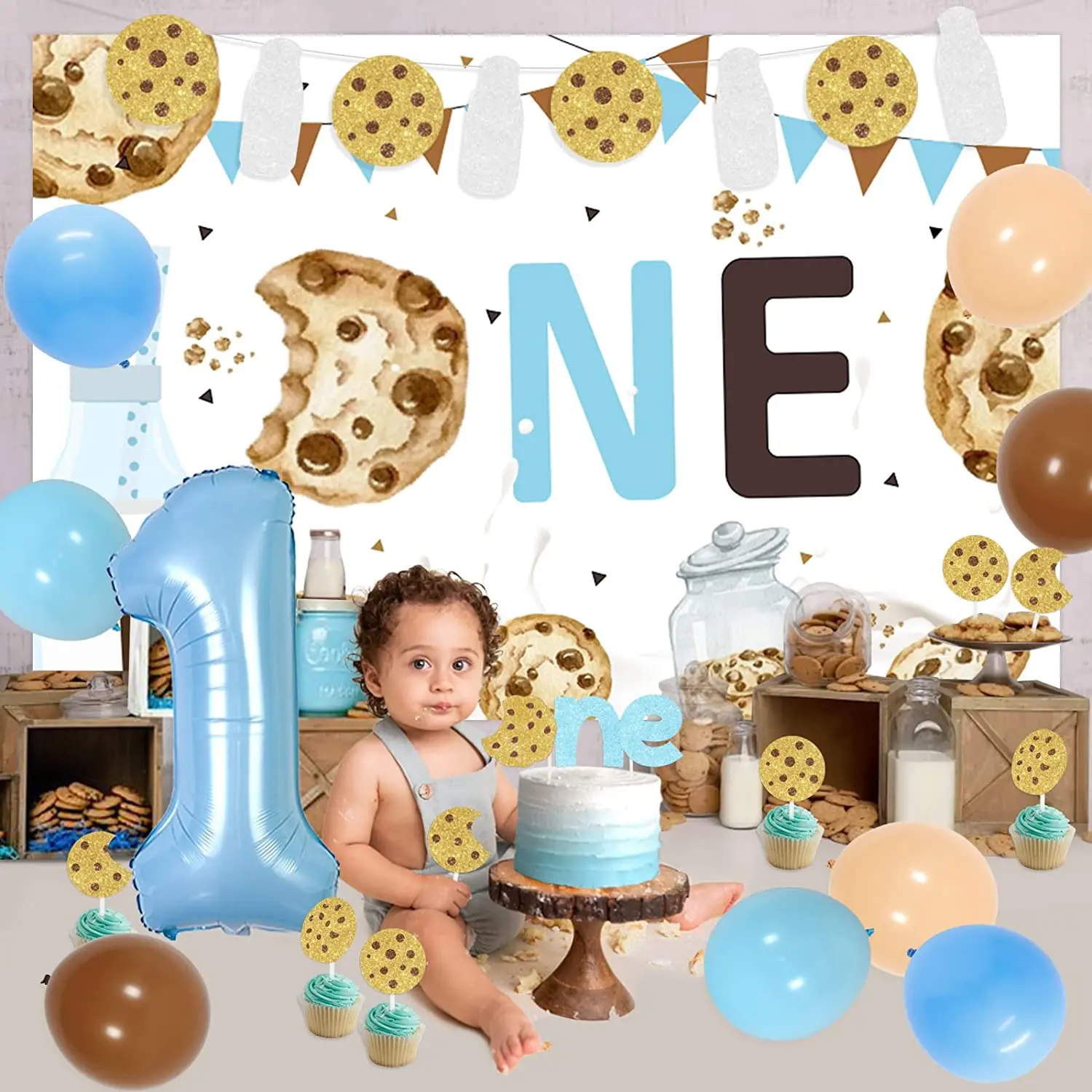 JOYMEMO latte e biscotti decorazioni per la prima festa di compleanno con latte e biscotti Banner sfondo numero 1 Foil Balloon Cake Topper