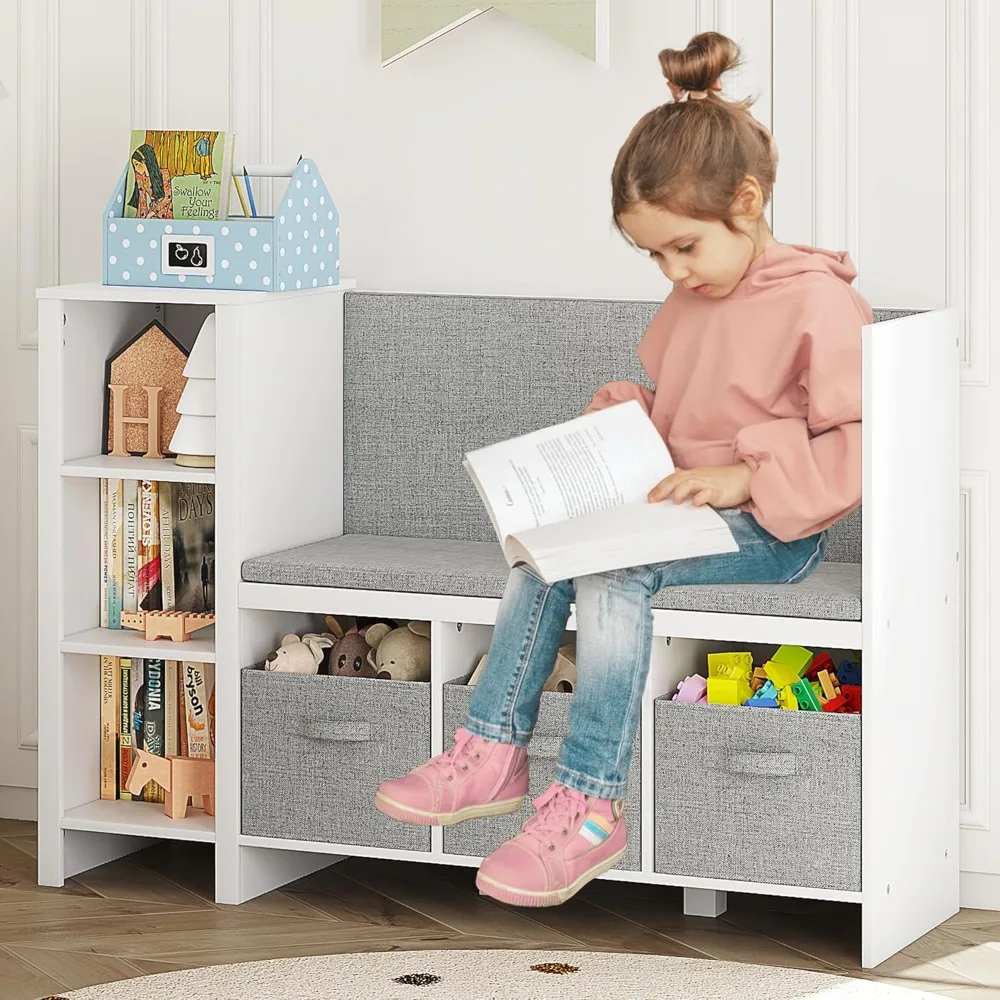 Bookshelf with Reading Nook, Toddler Bookcase Bench and Toy Storage Organizer with Seat and Back Cushion, Reading Corn