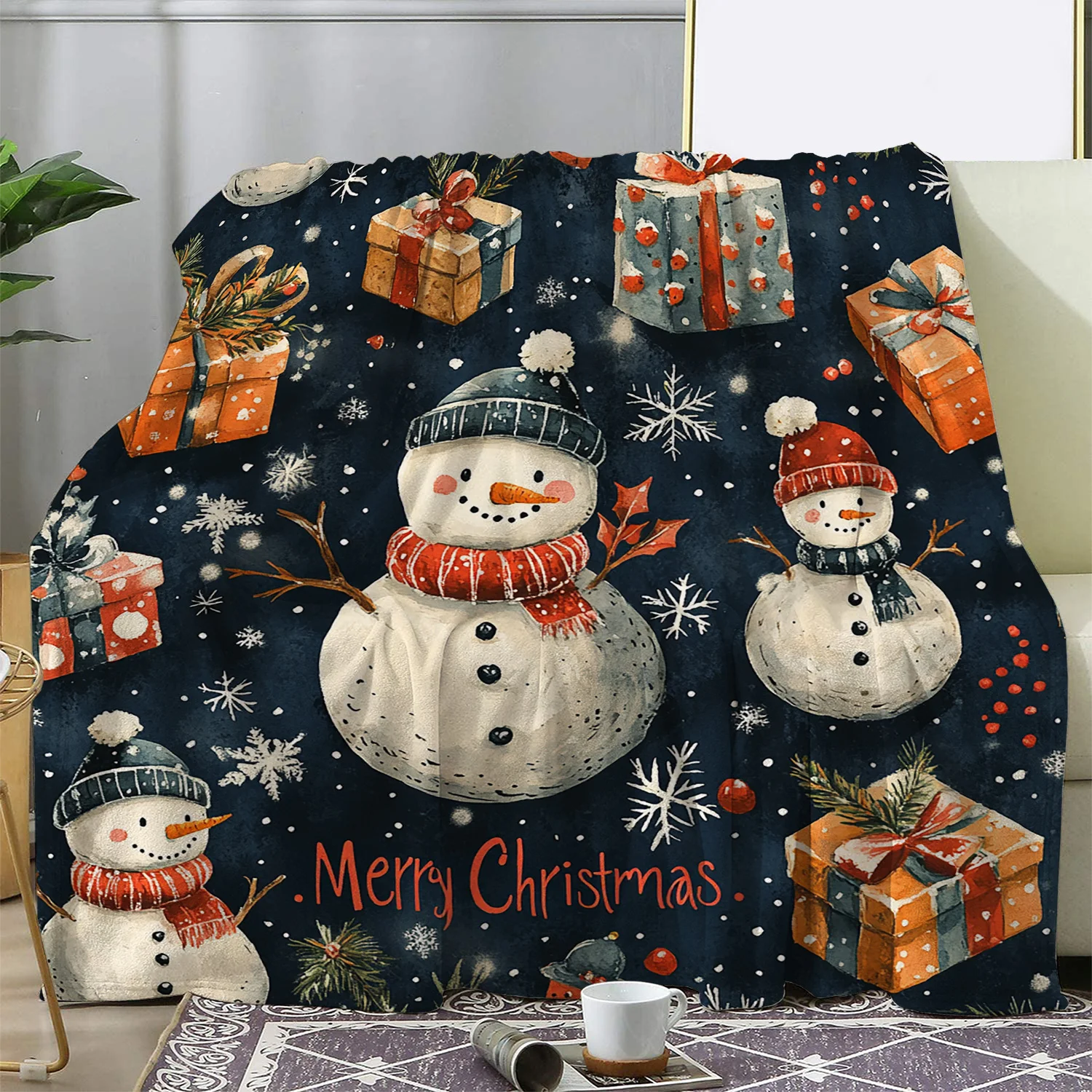 Christmas Themed Flannel Throw Blanket - Snowman & Snowflakes Print, Soft Cozy Polyester Knit, Digital Printing, Vintage Style,