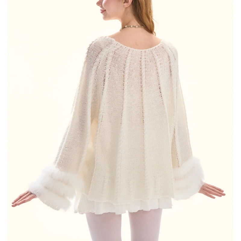 تصميم فرنسي ملابس نسائية 2025 خريف شتاء جديد أبيض حلو لطيف الراقية الفراء الربط فضفاض كابل متماسكة سترة السيدات #4